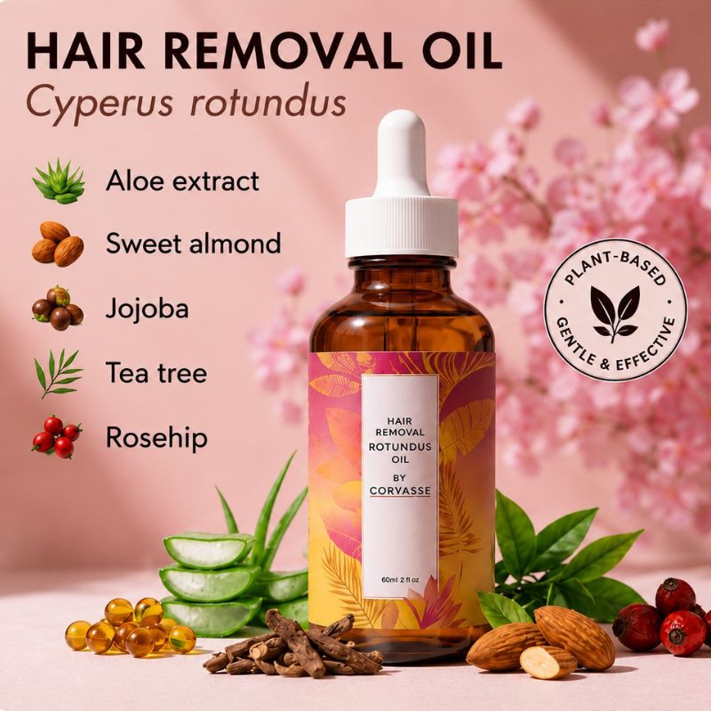 Corvasse Hair Removal Rotundus Oil with key ingredient list