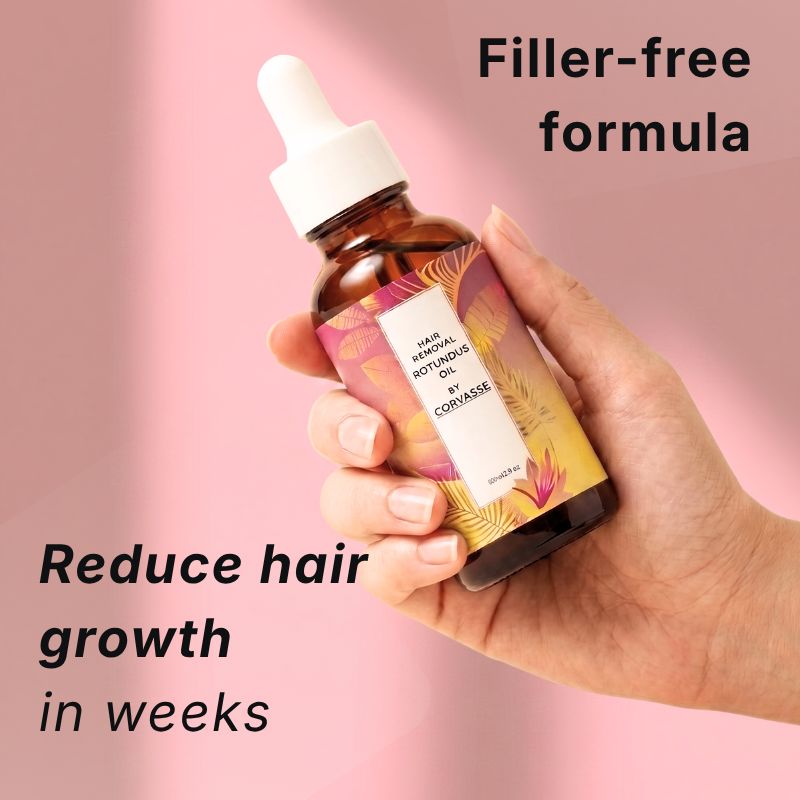 Hand holding the filler-free Corvasse oil bottle that reduces hair growth in weeks